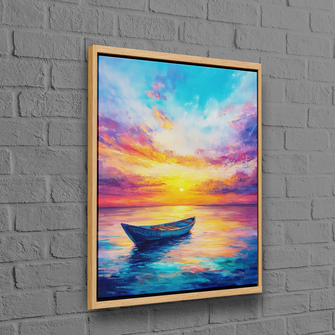 Lone Boat At Sunset Vibrant Colorful Ocean Seascape Painting Poster