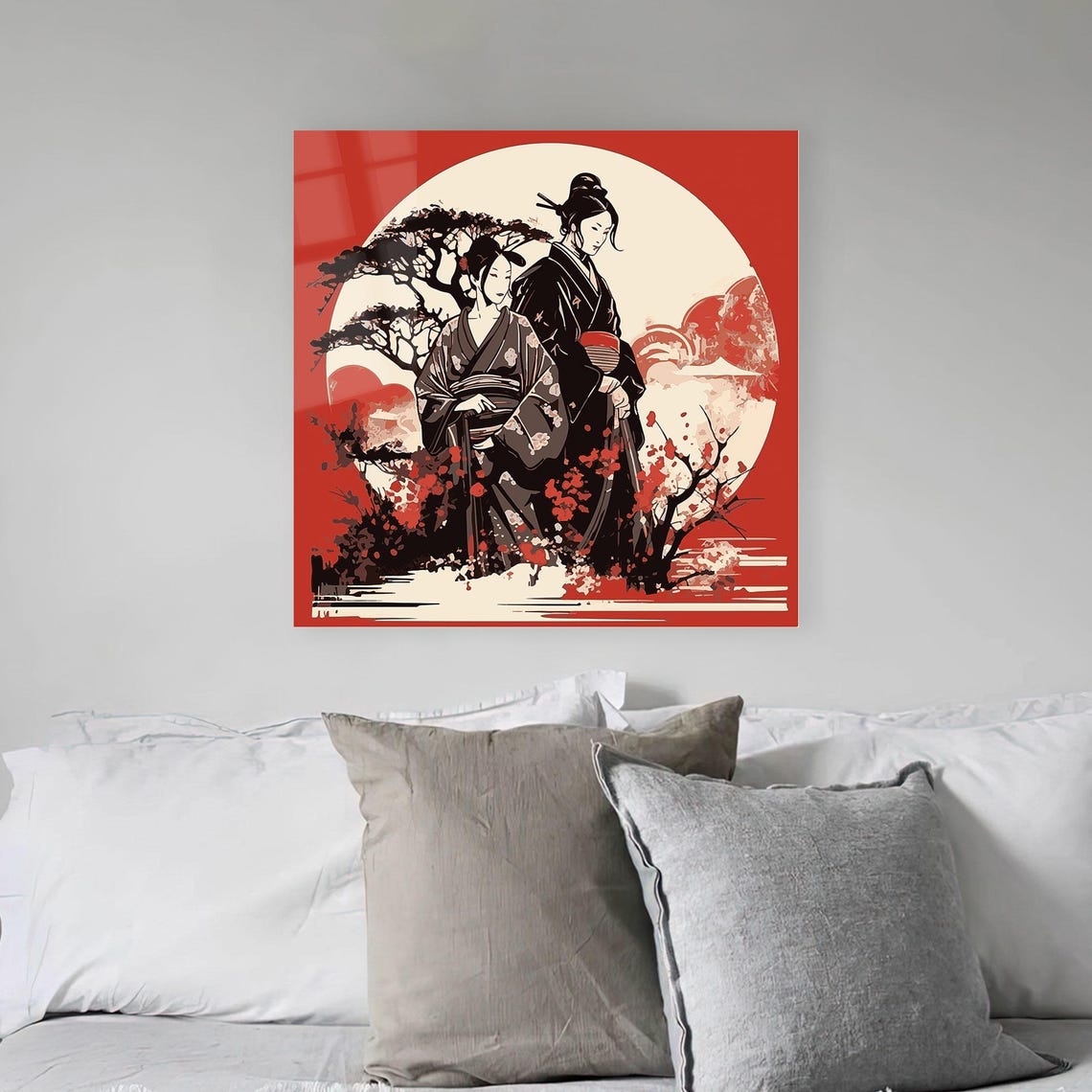 Japanese Women in Kimonos Under Red Moon Ink Style Art Print