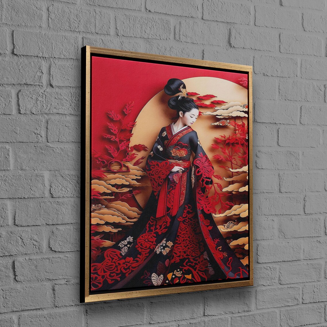 Japanese Geisha Red Kimono Golden Moon Papercut Style Art Poster