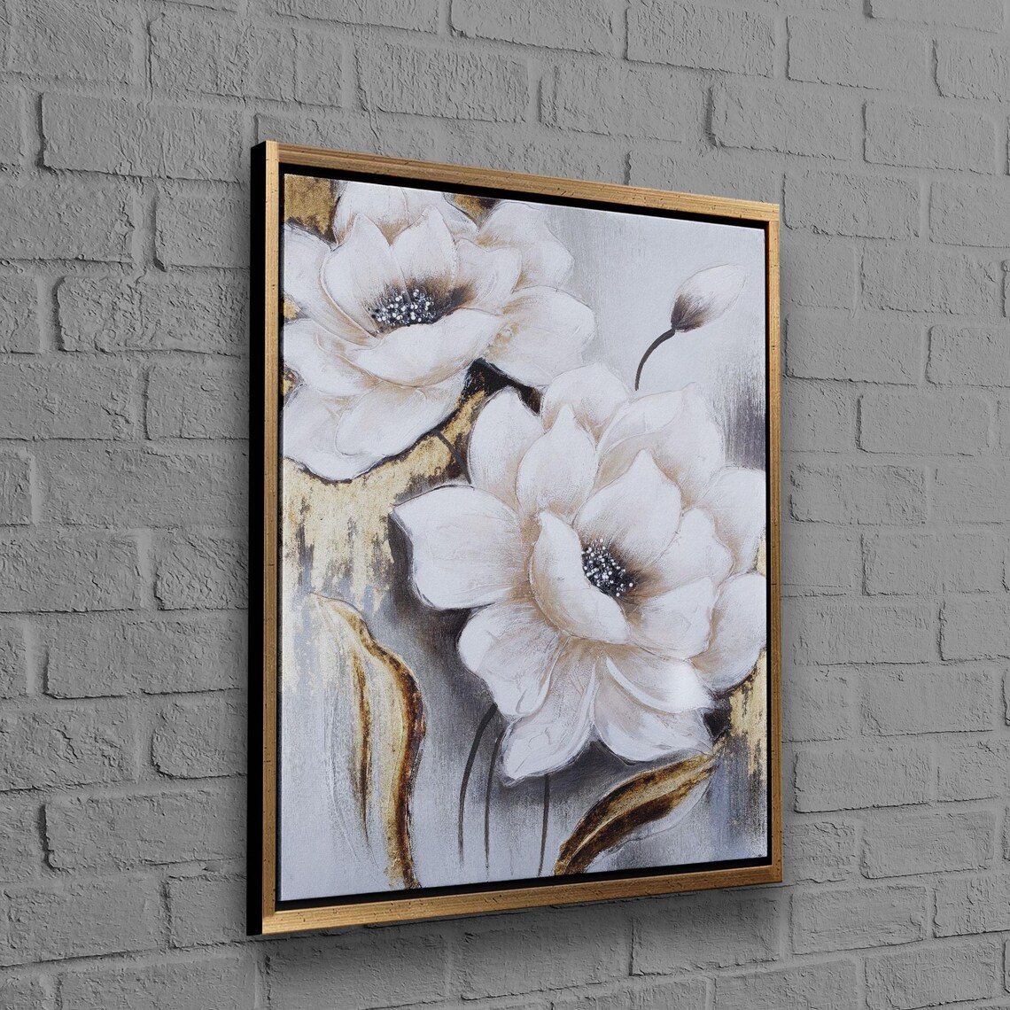White Floral Painting Gold Gray Elegant Botanical Art Poster