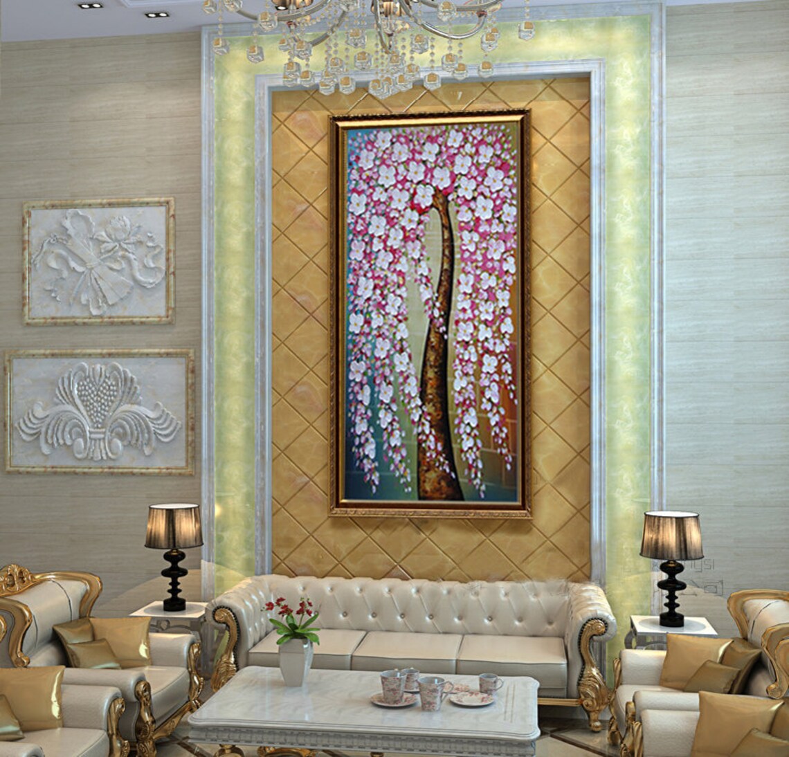 Weeping Pink Cherry Blossom Tree Cascading Flowers Oil Poster - Image 2