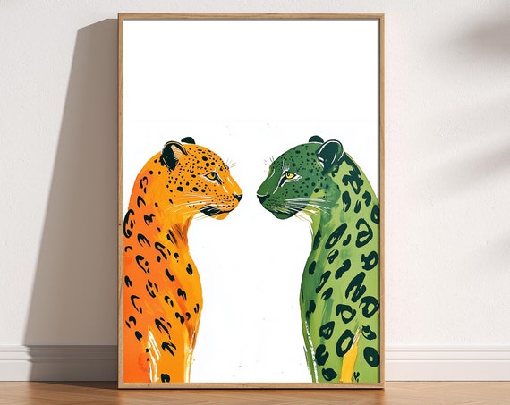 Cool Retro Leopard Print Orange And Green Bold Colourful Art Retro Nostalgic Modern Art Funky Leopard Poster Trendy 90s Wall Art Print