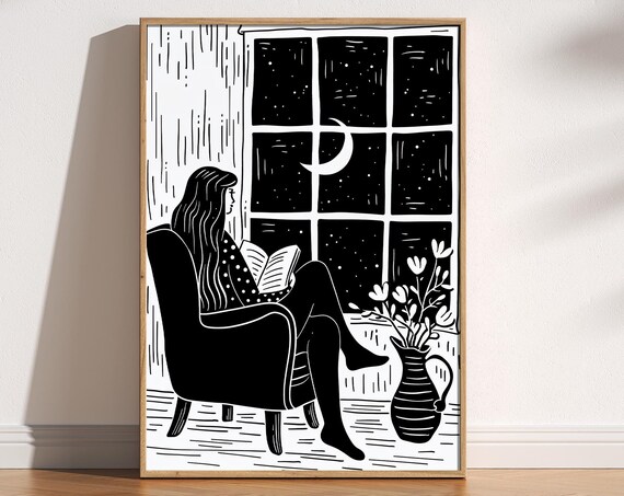 Girl Reading Book Illustration Art Print, Moon Night Sky