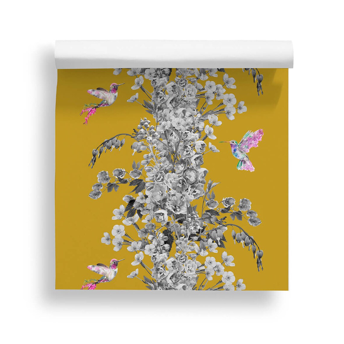 Mustard Yellow Hummingbird Botanical Floral Wallpaper Art Print