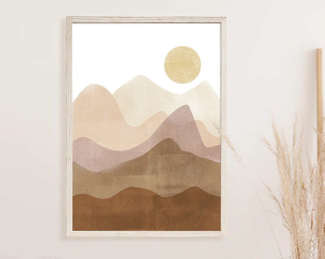 Muted Earth Tone Layered Mountains Sun Mid Century Modern Print - Image 3