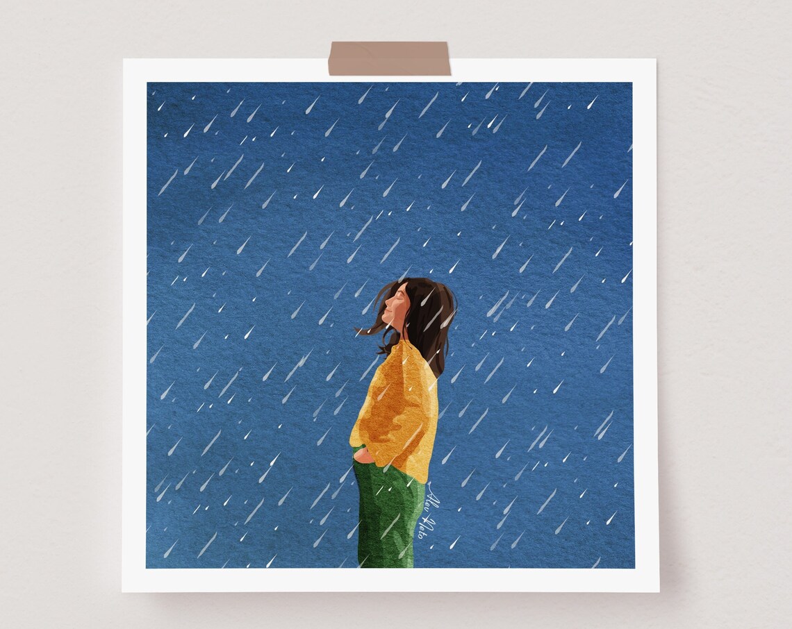 Peaceful Woman Standing in Blue Rain Finding Happiness Art Poster