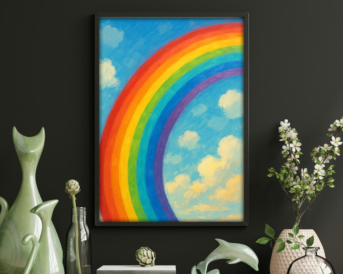 Rainbow Sky Whimsical Cloud and Color Art Print