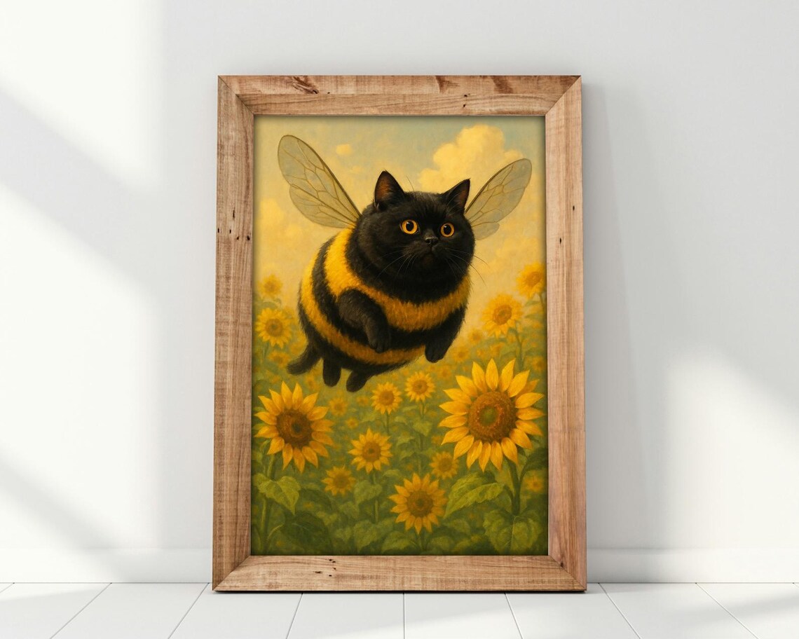 Cute Bee Cat, Whimsical Sunflower Field Art Print