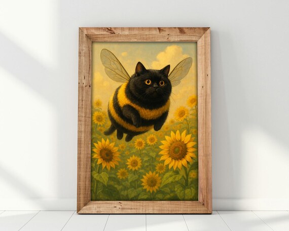Cute Bee Cat, Whimsical Sunflower Field Art Print