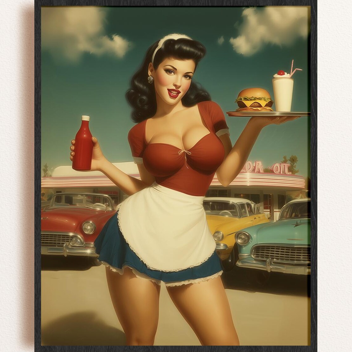 1950s Diner Waitress Burger Milkshake Classic Cars Retro Drive In Art Poster