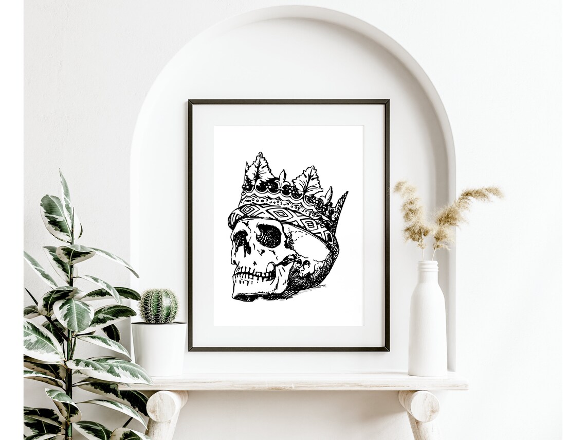 Crowned Skull King Black White Engraving Illustration Gothic Art Poster - Image 2