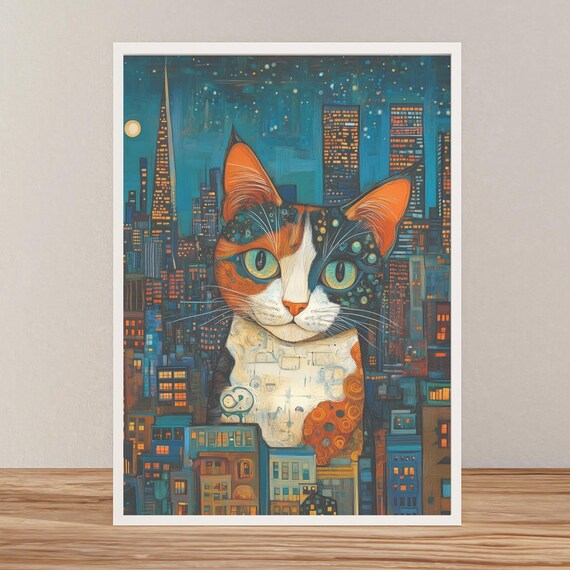 Calico Cat Over Night City Skyline Whimsical Painted Art Poster