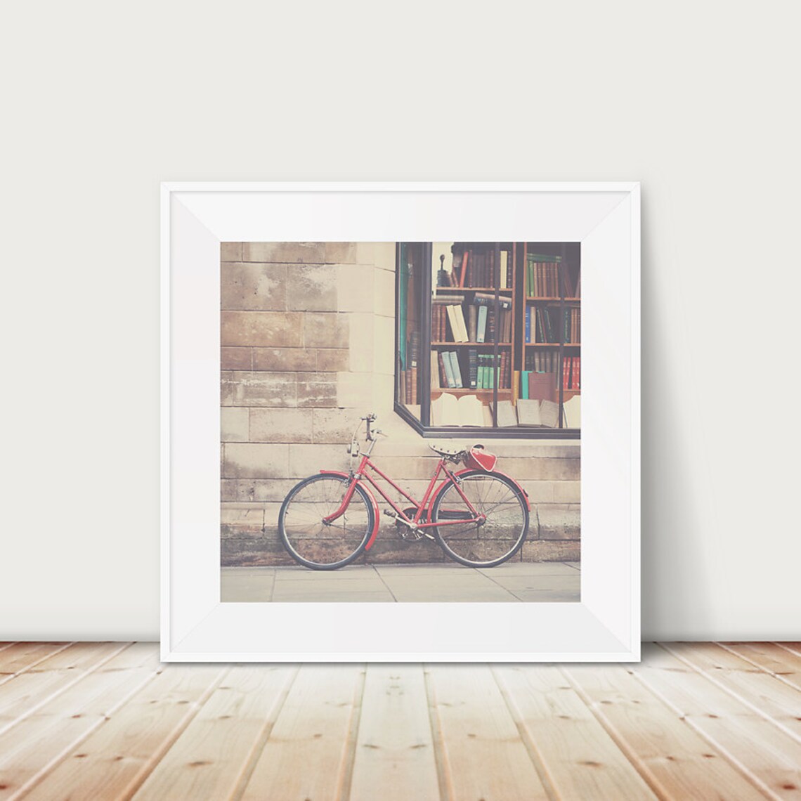 Red Bicycle Outside Cambridge Bookshop Street Photography Print