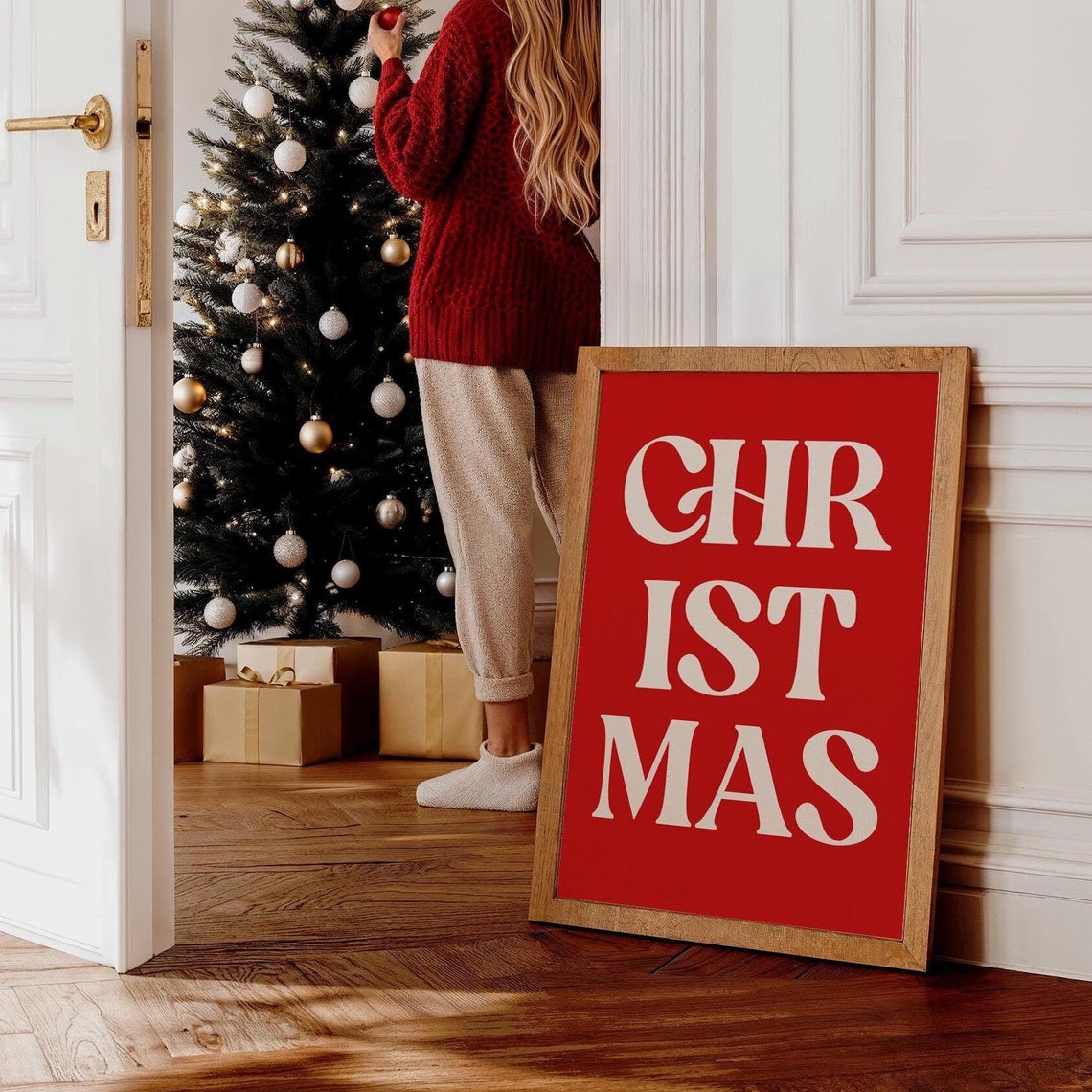 Christmas Cream Typography on Red Minimalist Holiday Decor Poster