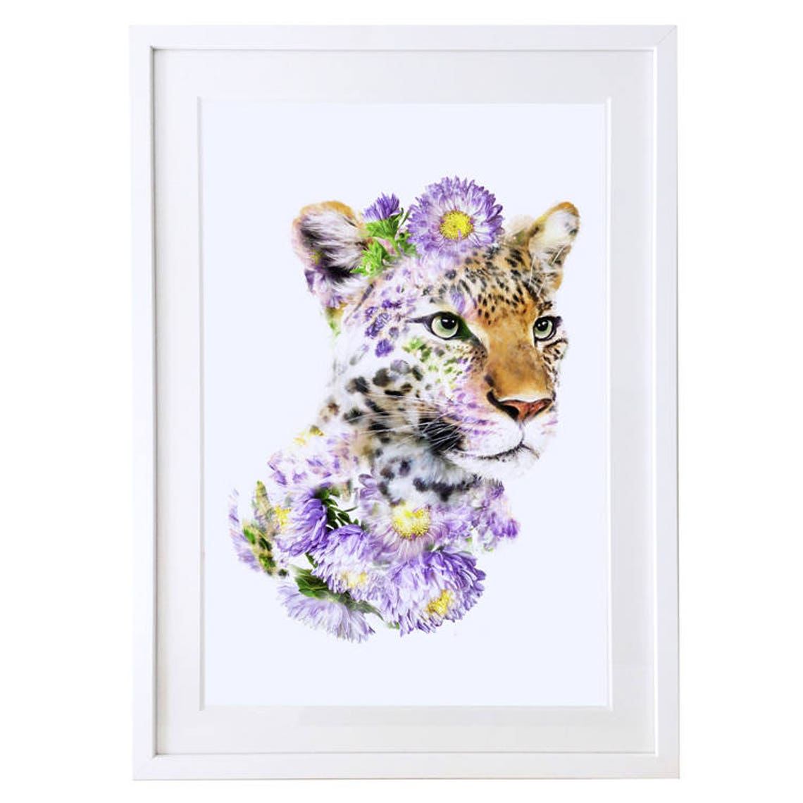 Young Leopard Cub with Purple Asters Watercolor Art Print Framed