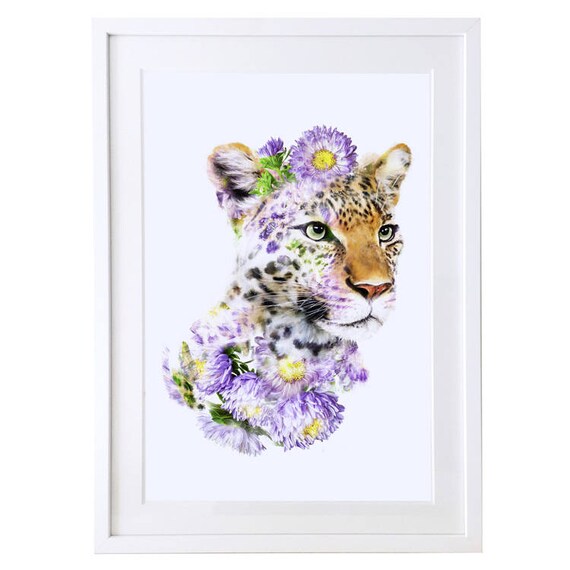 Young Leopard Cub with Purple Asters Watercolor Art Print Framed