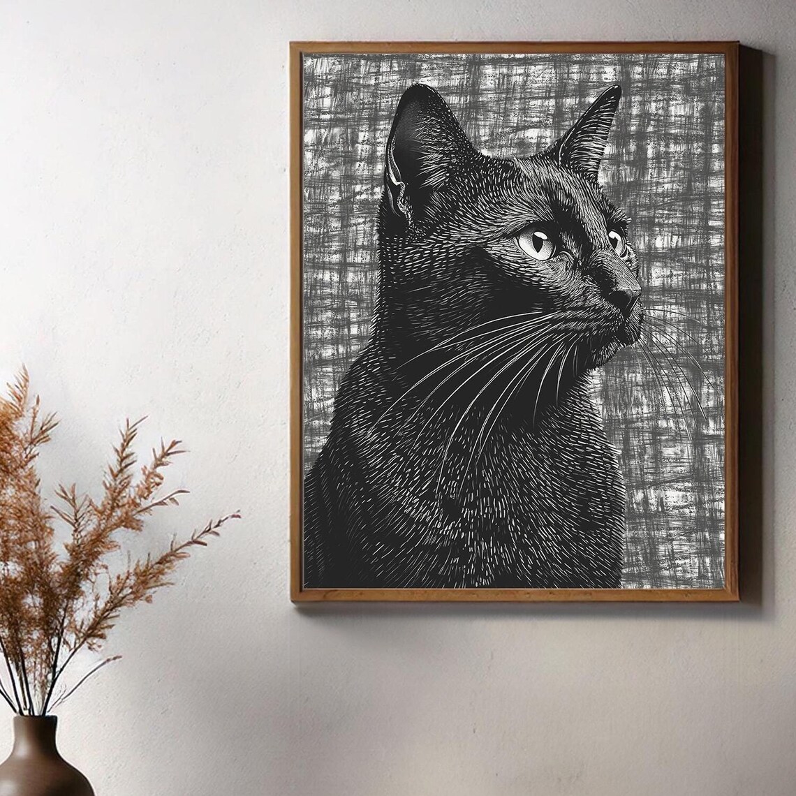 Black Cat Profile Monochrome Line Art Portrait Wall Decor Poster