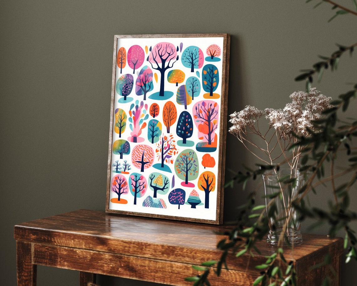 Colorful Stylized Tree Collection Scandinavian Folk Art Poster