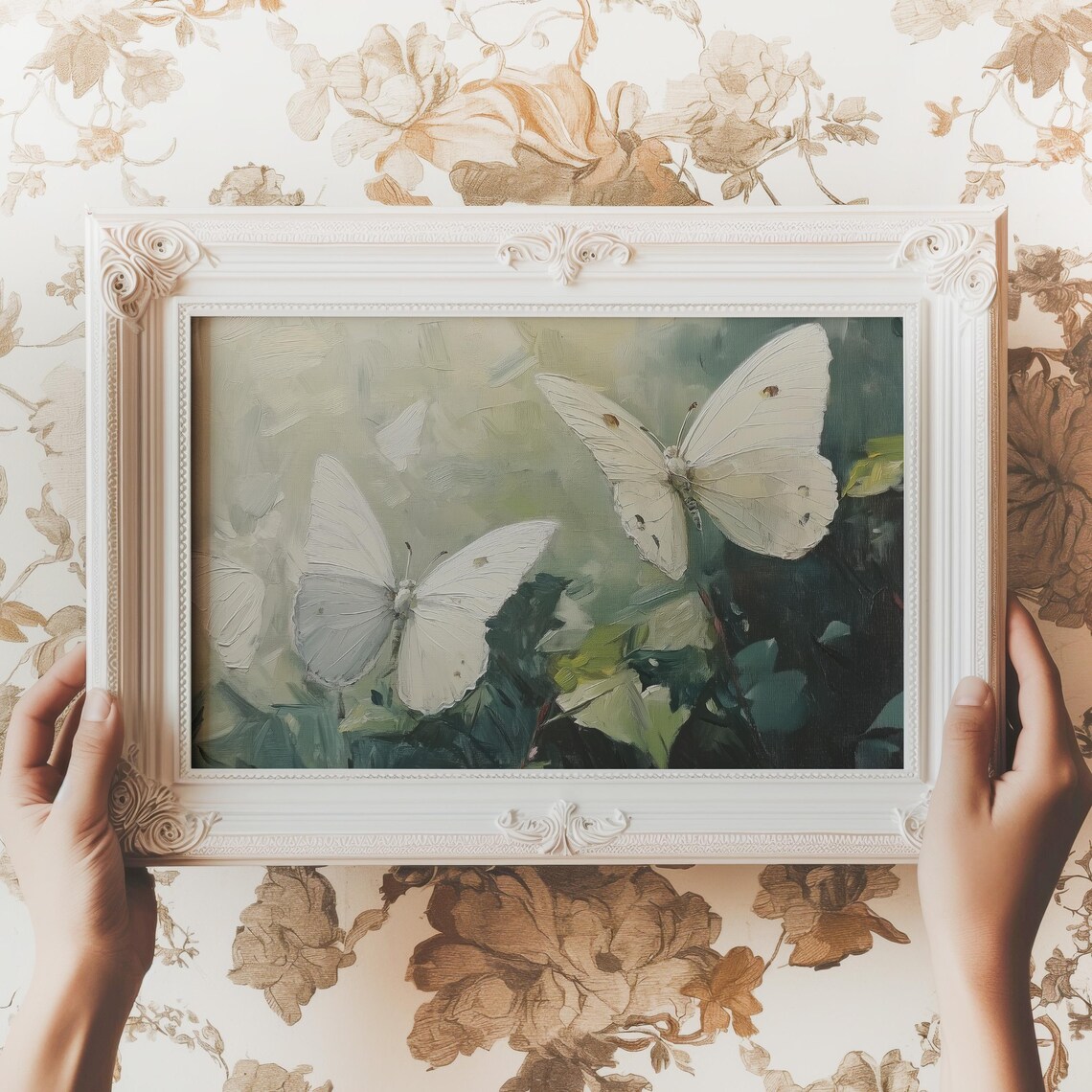 White Butterflies Over Green Foliage Soft Oil Painting Nature Poster