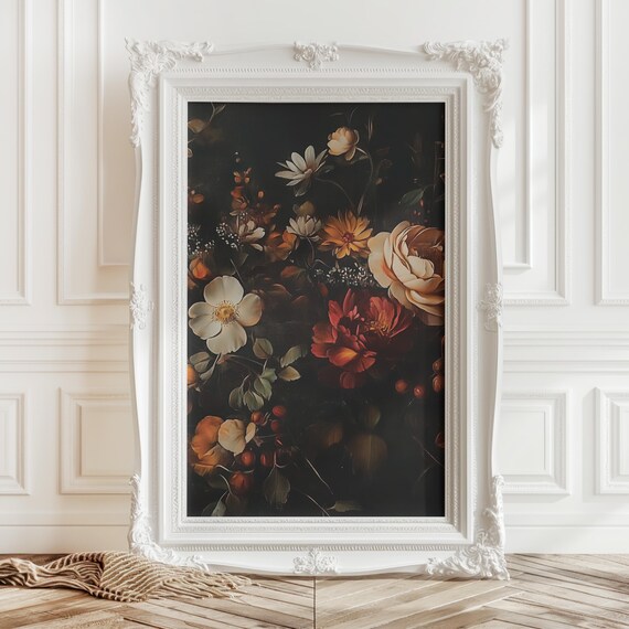 Dark Moody Floral Bouquet Oil Painting with Roses on Black Background Print