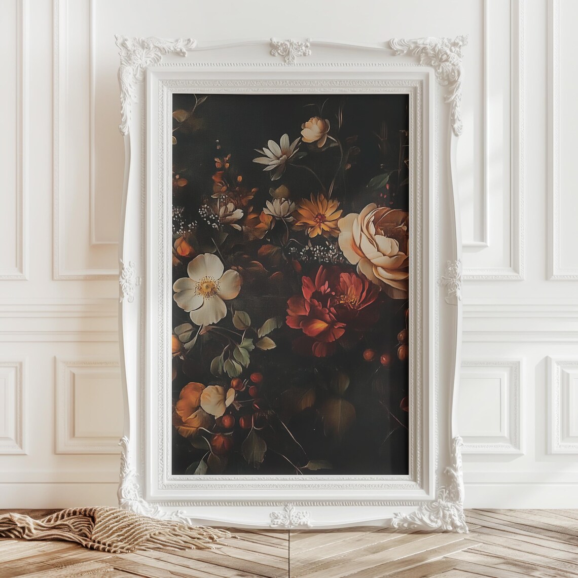 Dark Moody Floral Bouquet Oil Painting with Roses on Black Background Print