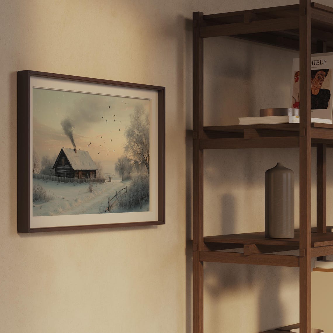 Snowy Cottage In Winter Landscape Cabin With Birds Painting Poster - Image 2
