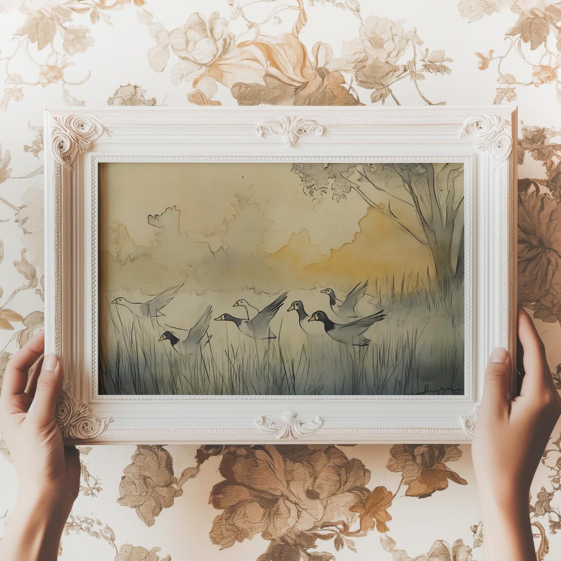 Ducks Flying Over Marsh at Sunrise Soft Watercolor Painting Print