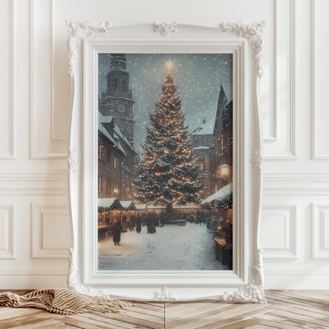 Snowy Old Town Christmas Market With Lit Tree At Dusk Poster