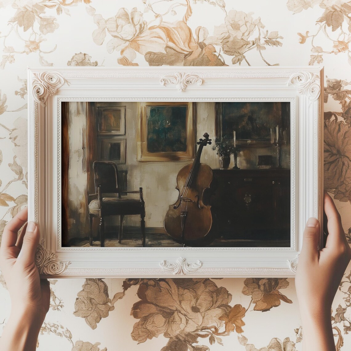 Vintage Cello Resting in Dark Music Room Moody Oil Painting Poster