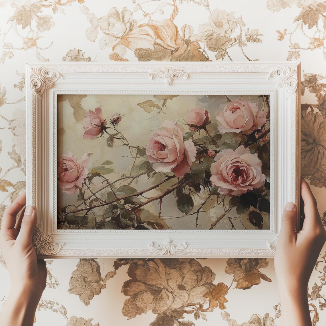 Pink Climbing Roses Romantic Vintage Garden Flower Painting Wall Art