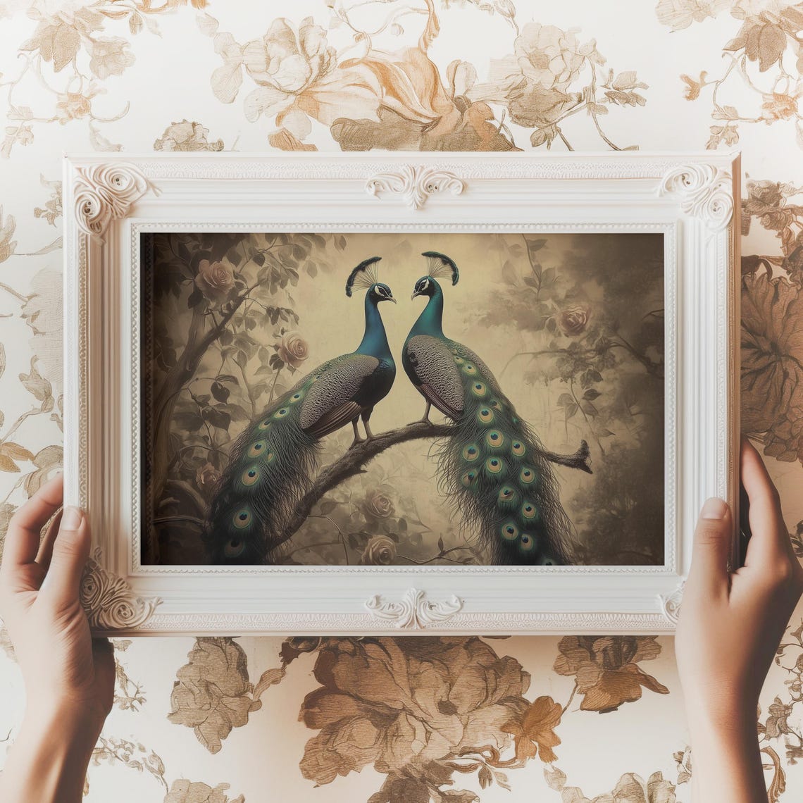 Two Peacocks Branch Dark Moody Antique Gold Feather Wall Art