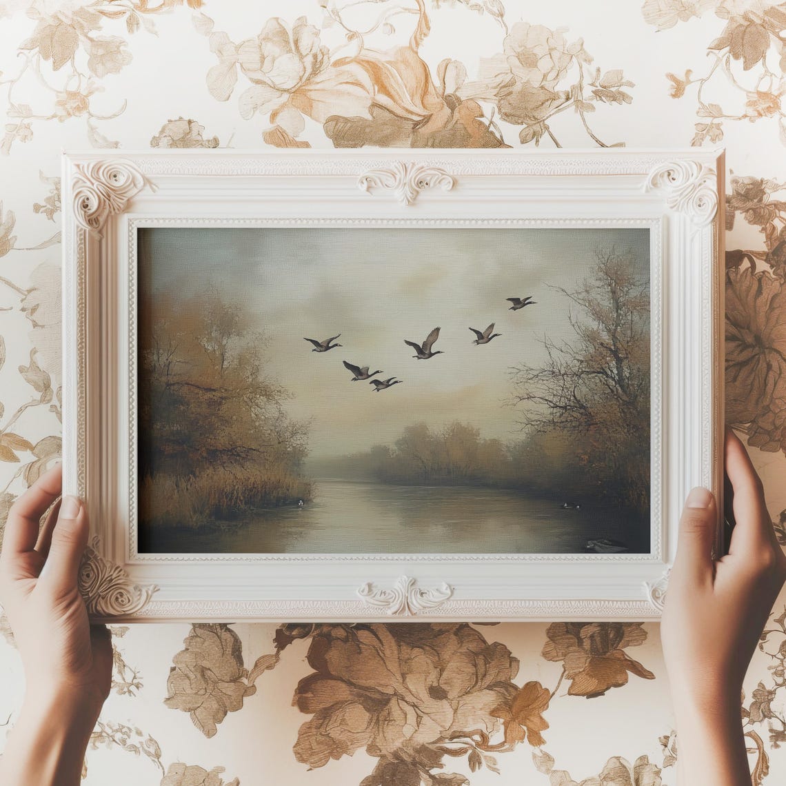 Bird Flock Misty River Vintage Muted Autumn Landscape Wall Art