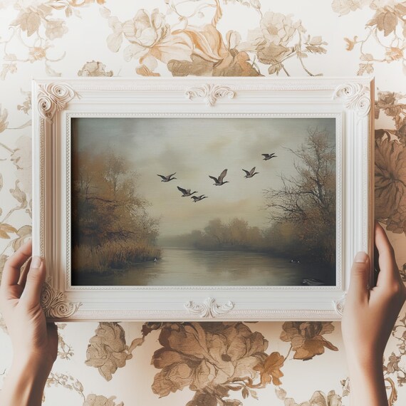 Bird Flock Misty River Vintage Muted Autumn Landscape Wall Art