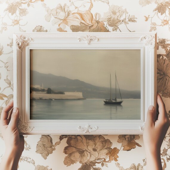Muted Mediterranean Seascape Sailboat Sepia Vintage Nautical Poster