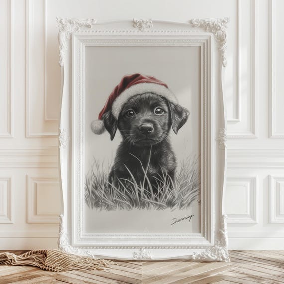 Black Puppy In Santa Hat Print Vintage Christmas Art Cute Dog Sketch Neutral Animal Nursery Xmas Decor