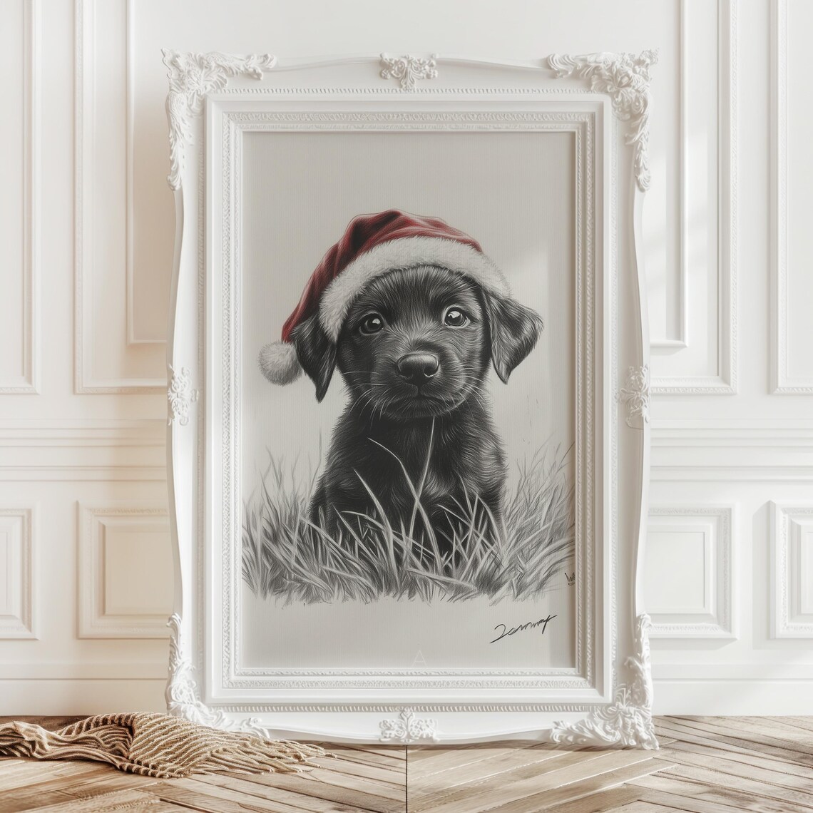 Cute Black Puppy Wearing Red Santa Hat Holiday Sketch Poster