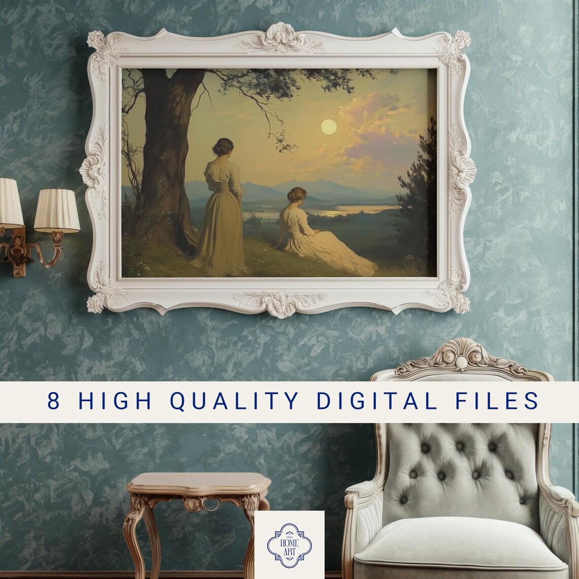Two Women Moonrise Valley Vintage Romantic Night Landscape Wall Art - Image 3