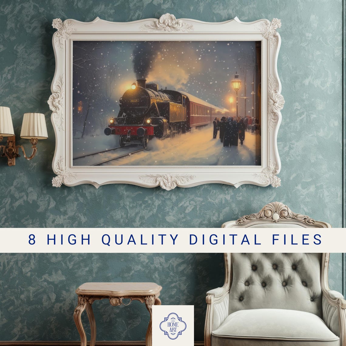 Vintage Steam Train at Snowy Night Station Glowing Lanterns Poster - Image 3
