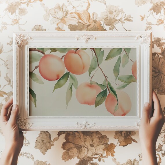 Peach Watercolor Branch Summer Fruit Neutral Botanical Art Poster