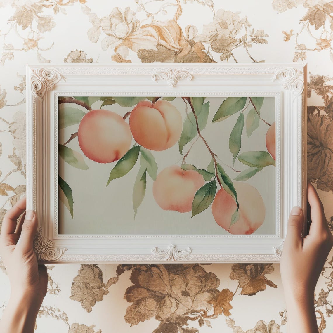 Peach Watercolor Branch Summer Fruit Neutral Botanical Art Poster