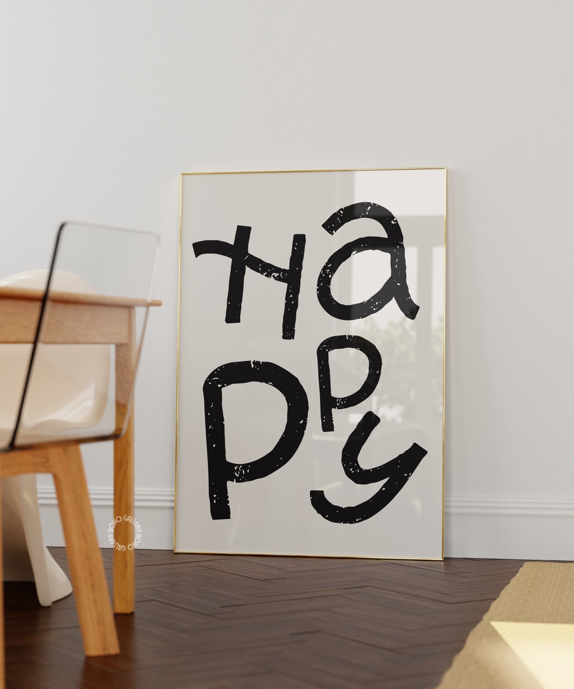 HAPPY Black Hand Lettered Typography Positive Quote Art Poster