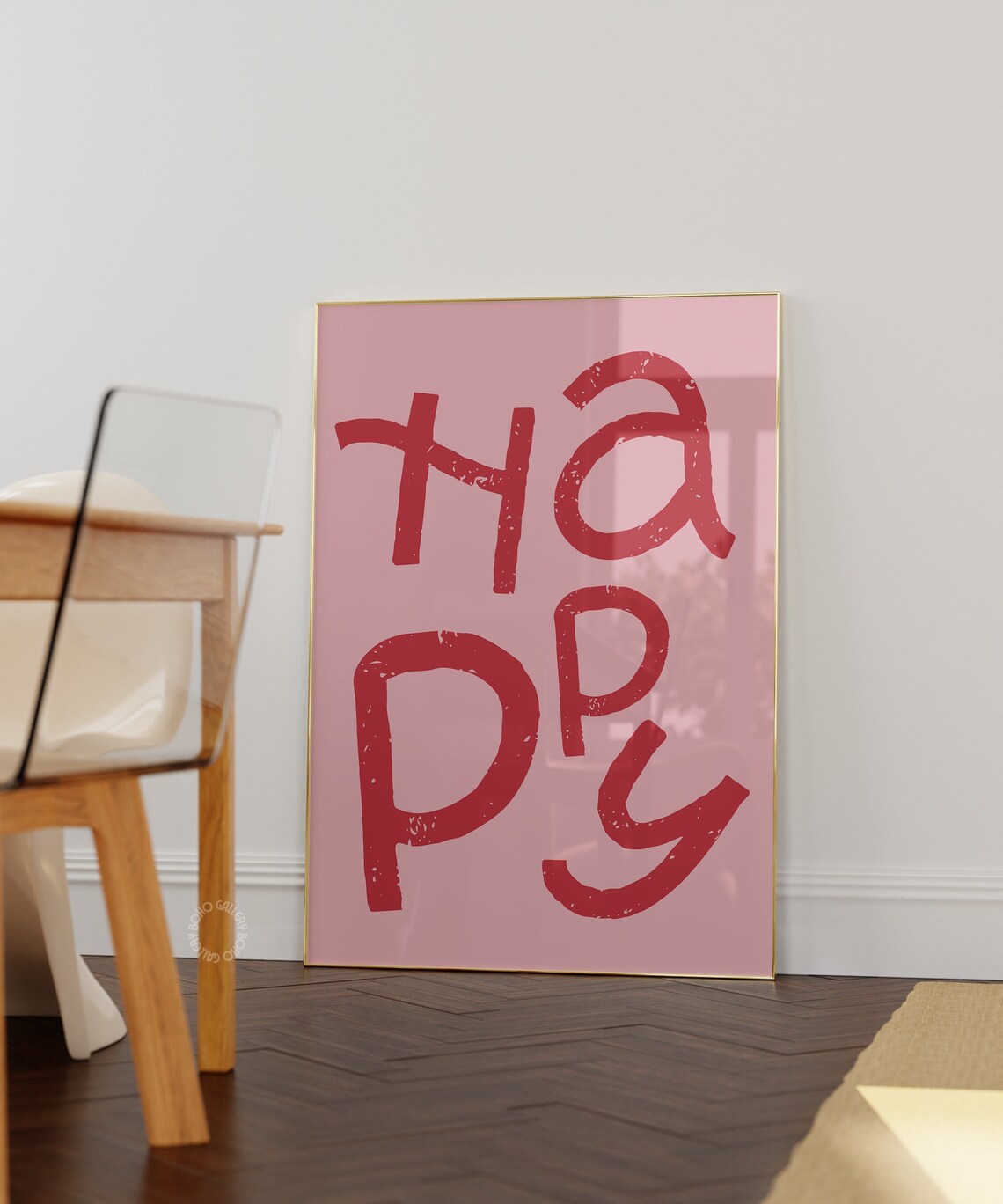 HAPPY Red Hand Lettered Typography On Pink Background Art Poster