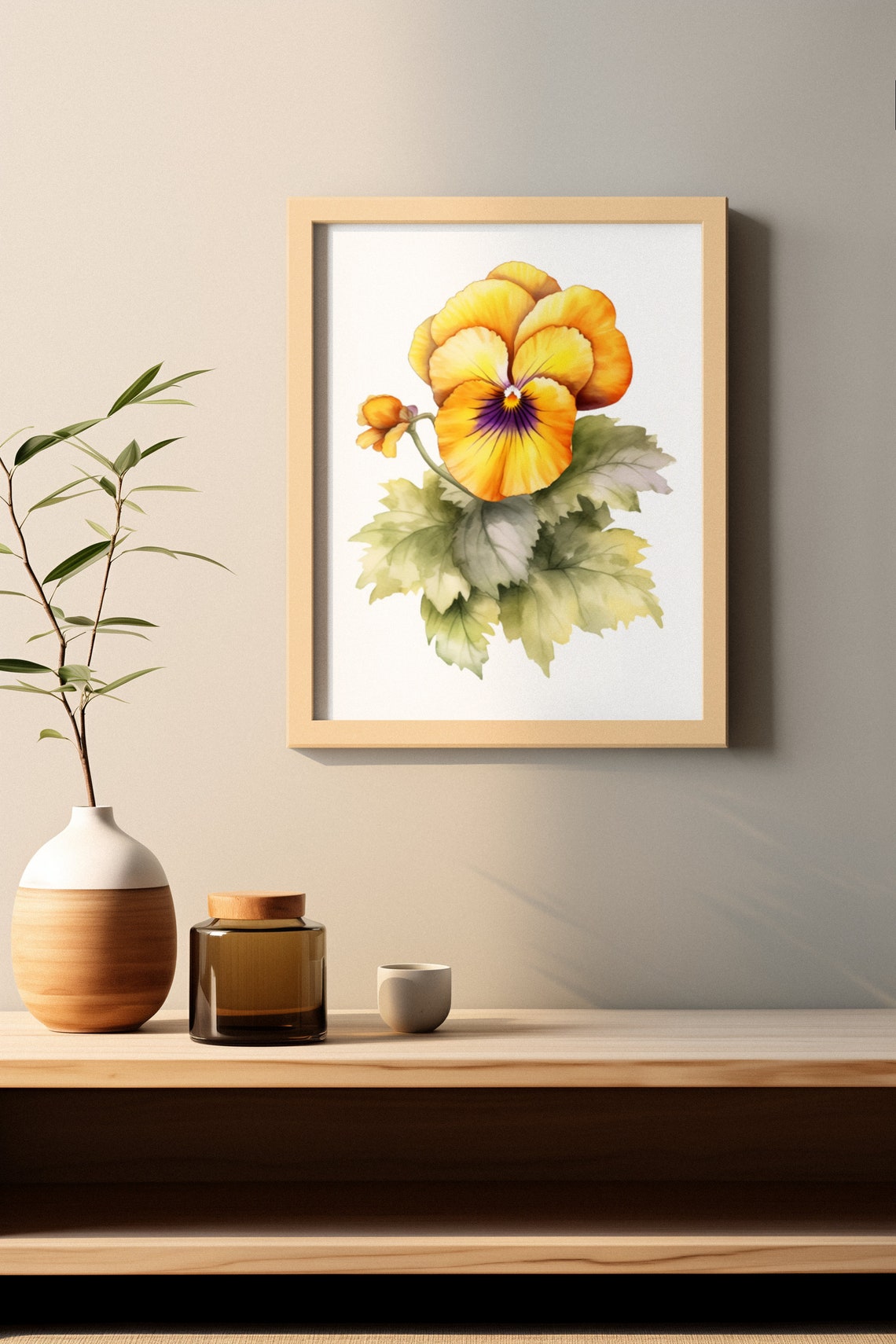 Golden Yellow Pansy Single Bloom Watercolour Botanical Flower Poster - Image 3