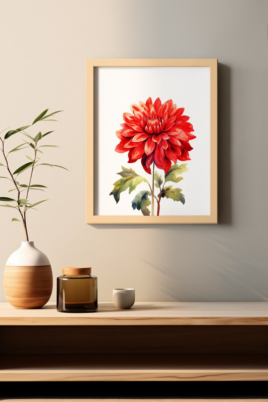 Deep Red Dahlia Single Bloom Watercolour Botanical Art Poster - Image 2