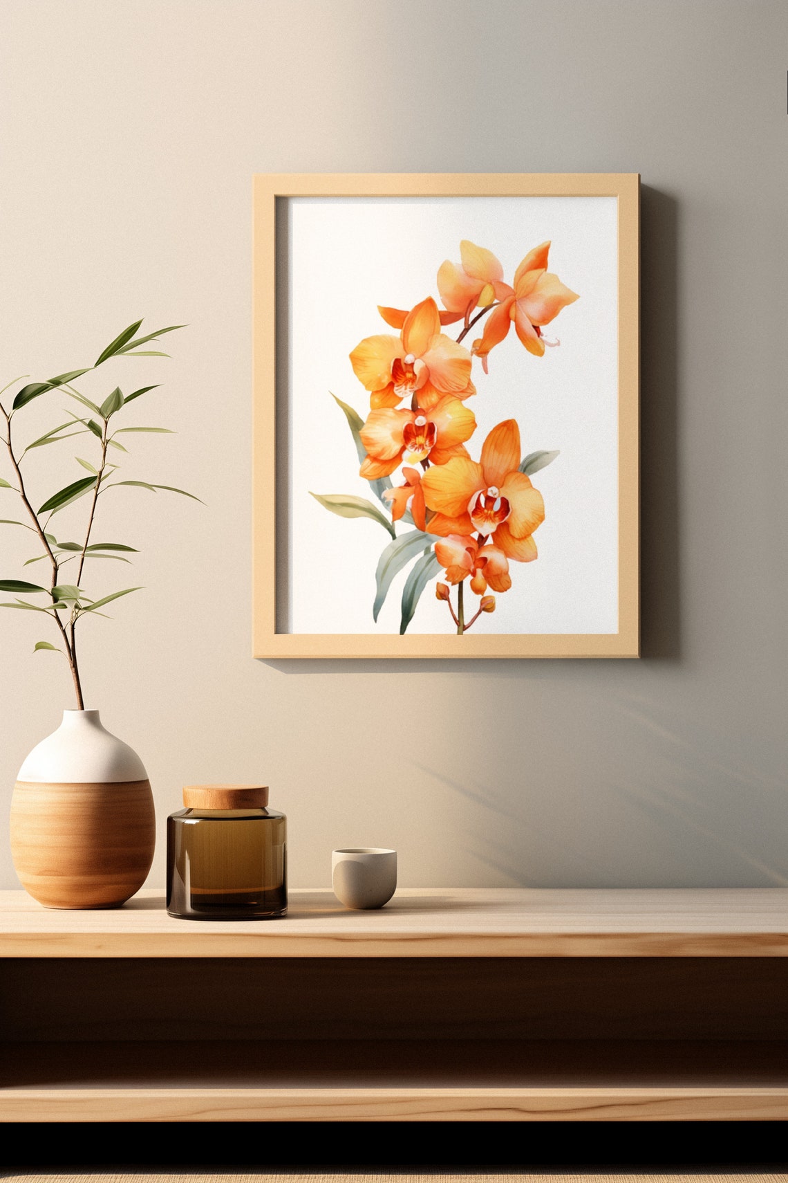Orange Orchid Blossom Spray Watercolour Botanical Flower Poster - Image 4