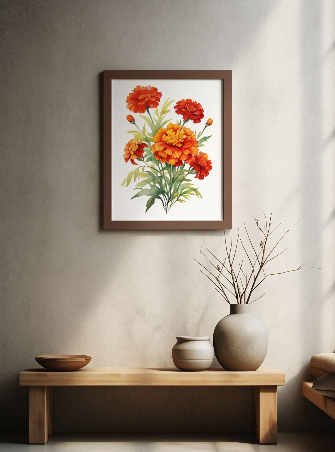 Marigold Bouquet Red Orange Watercolour Floral Bouquet Art Poster