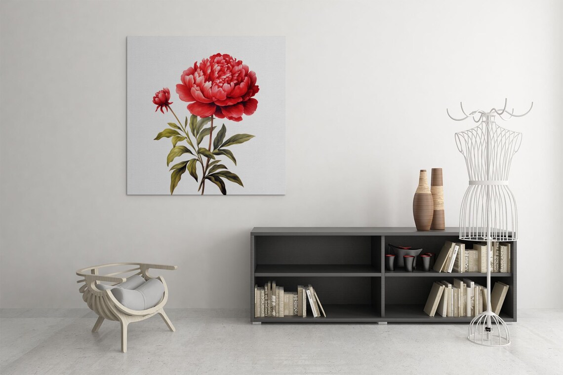 Red Peony Bloom with Bud Watercolour Botanical Flower Poster - Image 9