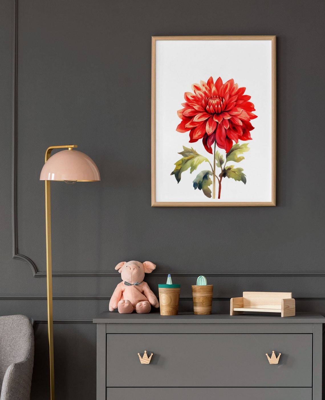 Deep Red Dahlia Single Bloom Watercolour Botanical Art Poster - Image 7