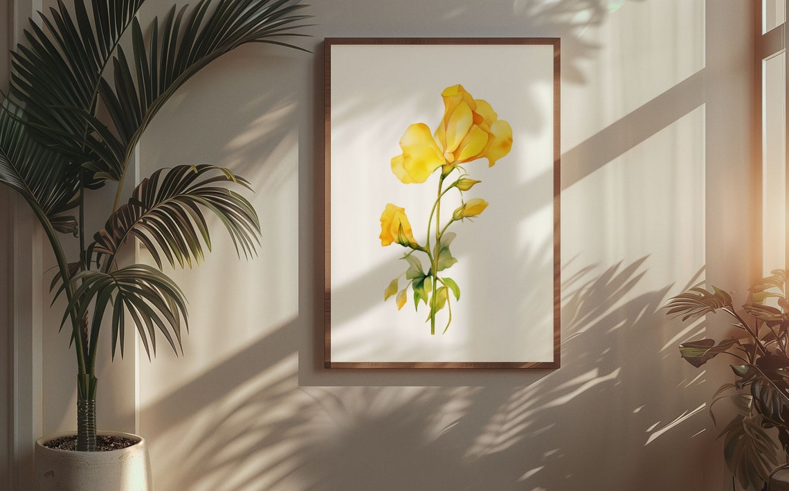 Yellow Sweet Pea Bloom and Two Buds Watercolour Flower Poster - Image 5