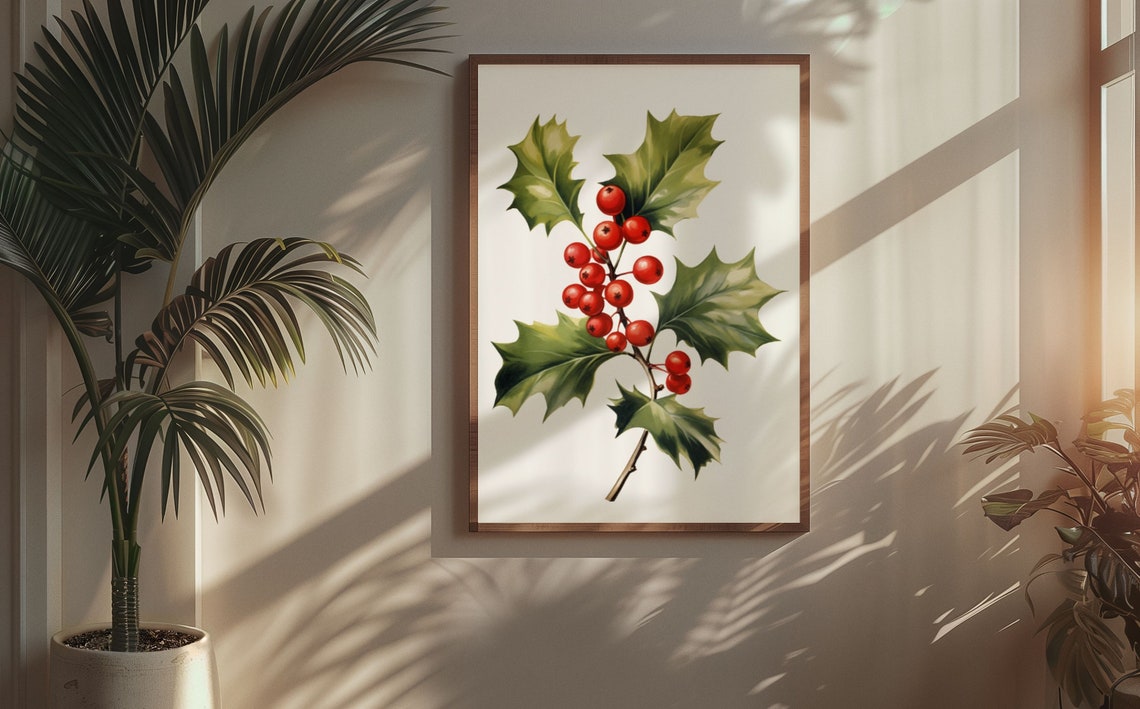 Holly Sprig With Dense Red Berries Festive Watercolor Poster - Image 8